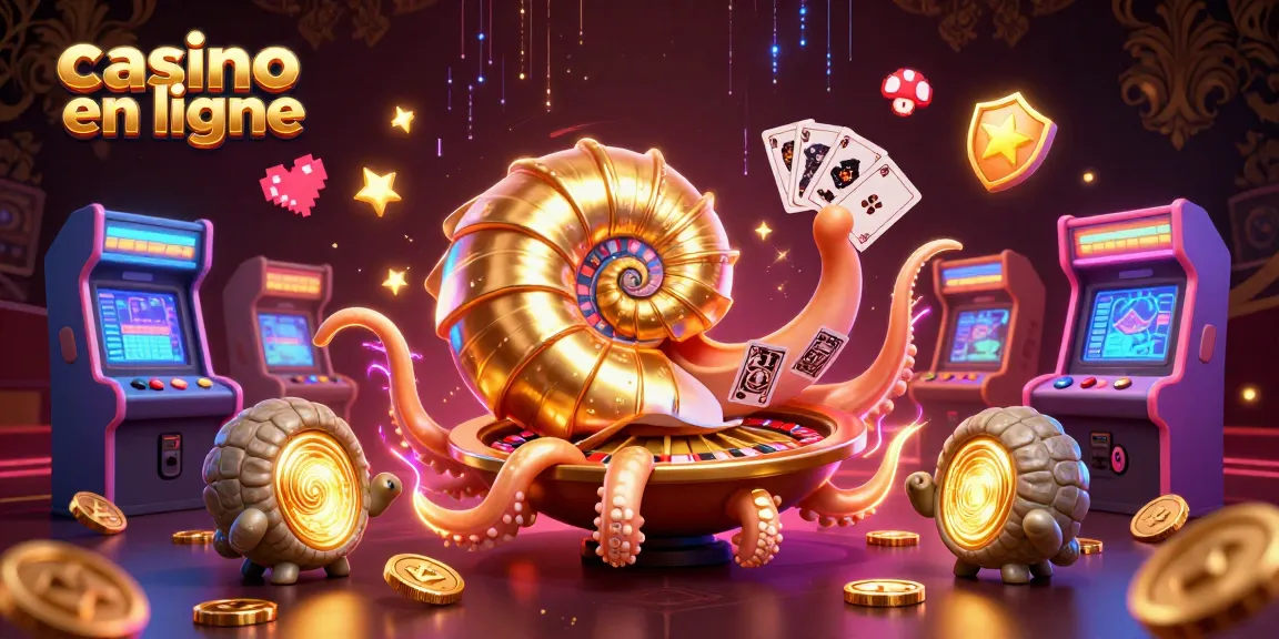Casino en ligne : illustration 3D d'un nautile géant avec des cartes et des machines à sous.