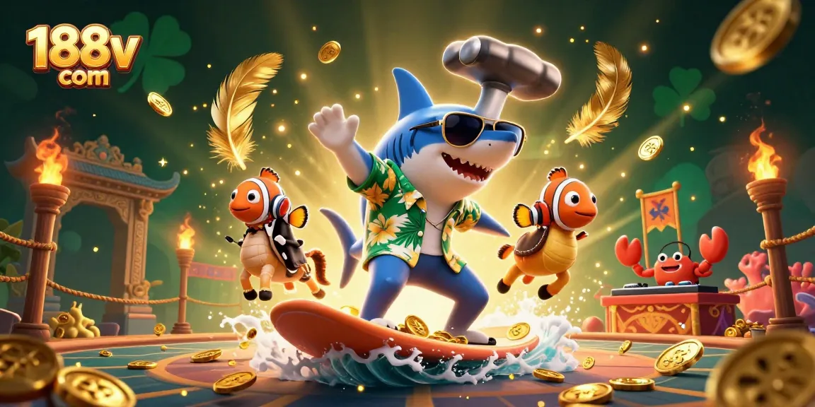 Catch the excitement of 188v com with a shark surfing on gold coins in a vibrant casino scene.
