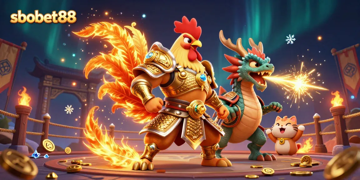 sbobet88 brings excitement with a dynamic scene of warrior rooster, dragon, and fortune cat in 3D style.