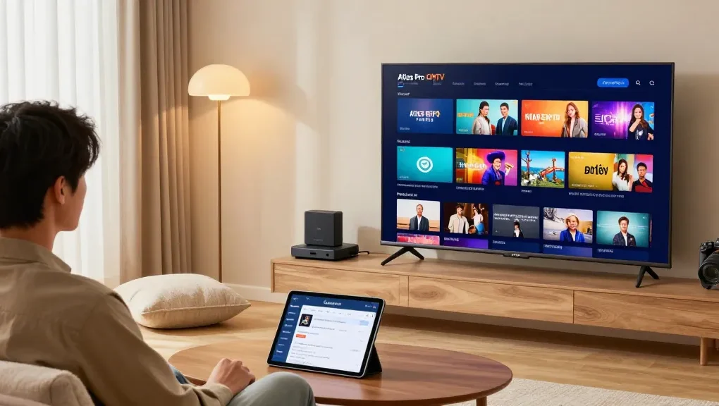 Person using the Atlas Pro application in a modern living room with Smart TV and streaming device.