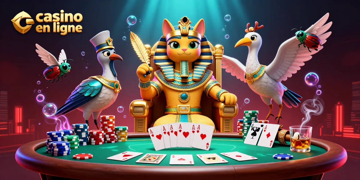 Illustrez le monde captivant du casino en ligne, avec un chat pharaon égyptien et des éléments de poker.