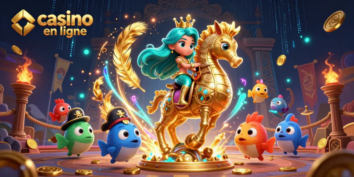 Profitez de l'aventure enchantée des jeux de casino en ligne avec une princesse sirène et un hippocampe.