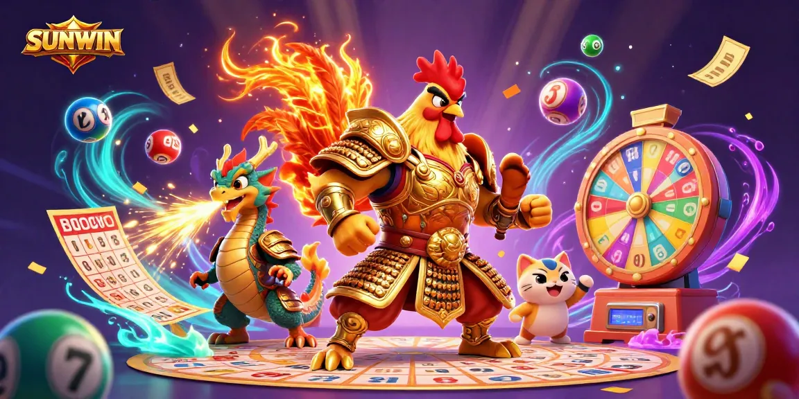 SUNWIN showcases a vibrant lottery scene with a brave rooster warrior, a dragon hatchling, and a cheering fortune cat amidst dynamic gaming elements.