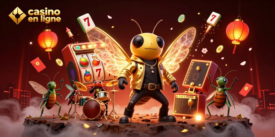 Jouez au casino en ligne avec le rock star cigale et les symboles de jackpot, dans un décor vibrant.