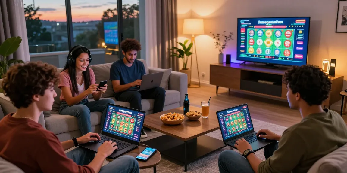 Engaged players enjoying tempototo lottery games in a modern living room.