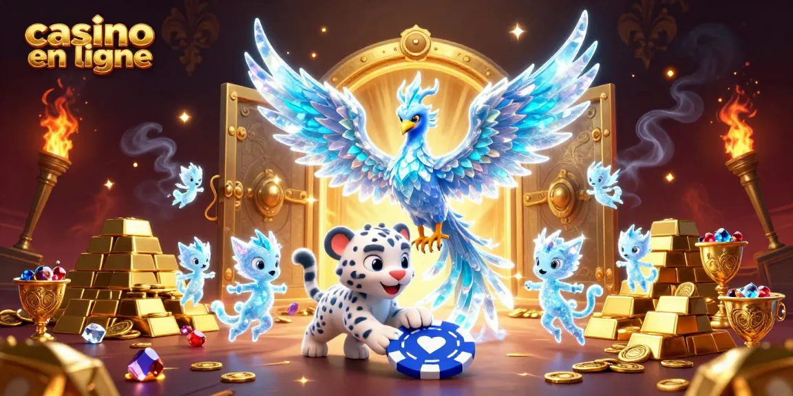 Plongez dans l'univers du casino en ligne avec une illustration 3D captivante, mettant en scène un phénix de glace et un léopard des neiges.