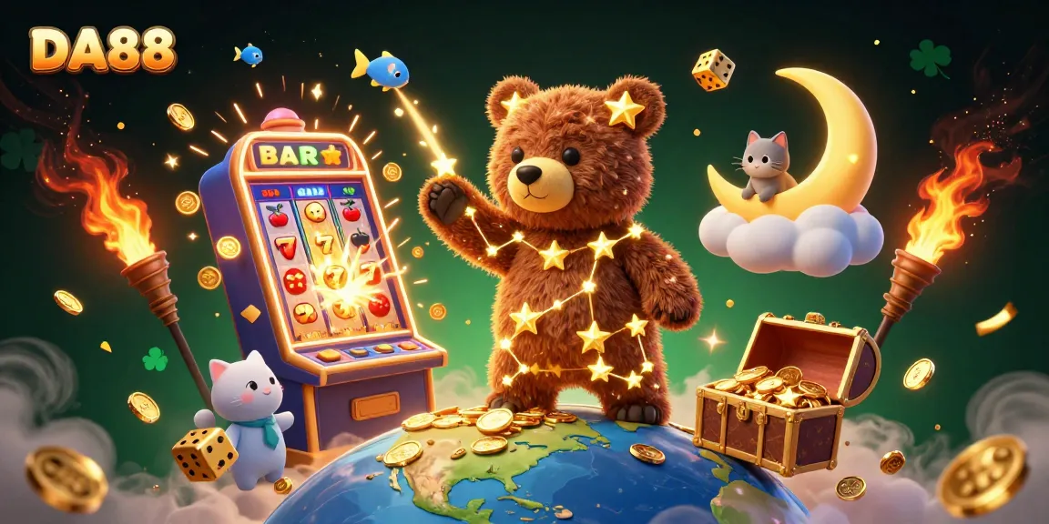DA88 casino illustration showcasing a constellation bear collecting coins with dynamic gaming elements.