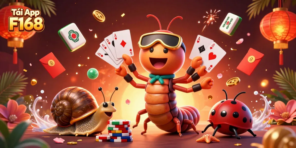 Tải App F168 and enjoy a vibrant online gambling experience with animated characters and festive decor.