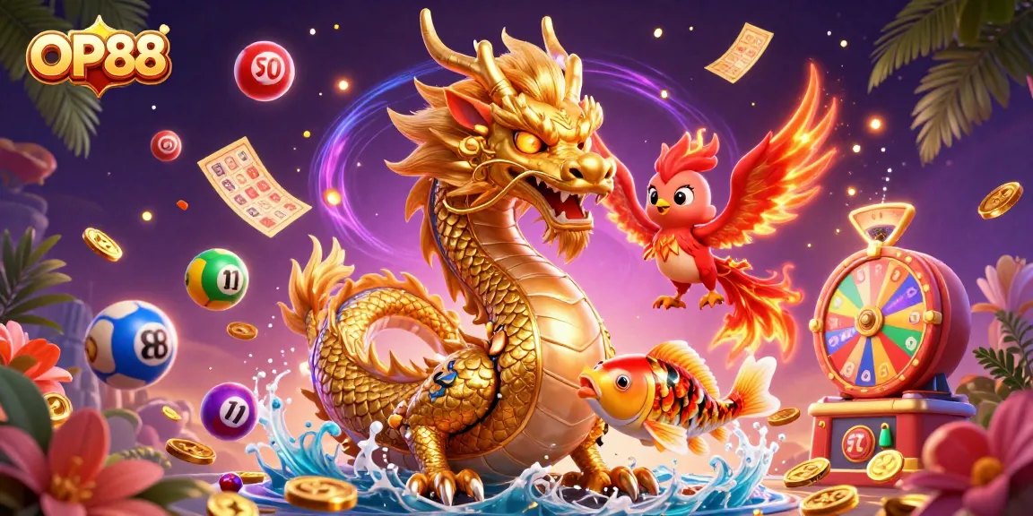 Experience thrilling wins at OP88 with a golden dragon, phoenix, and lucky koi amidst dynamic gaming elements.