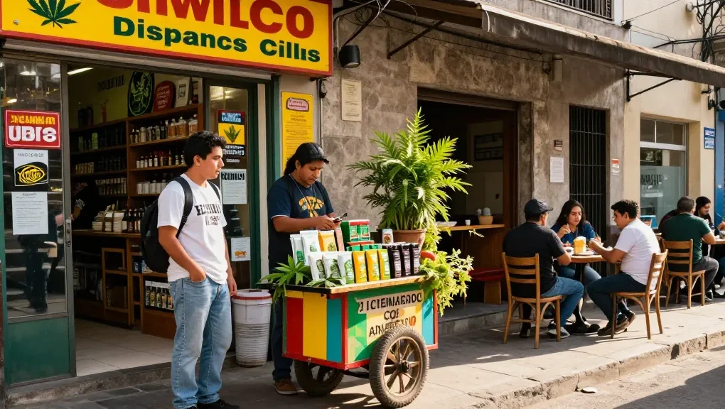 Where can I legally buy weed in Chile? A vibrant street scene outside a cannabis dispensary in Santiago.