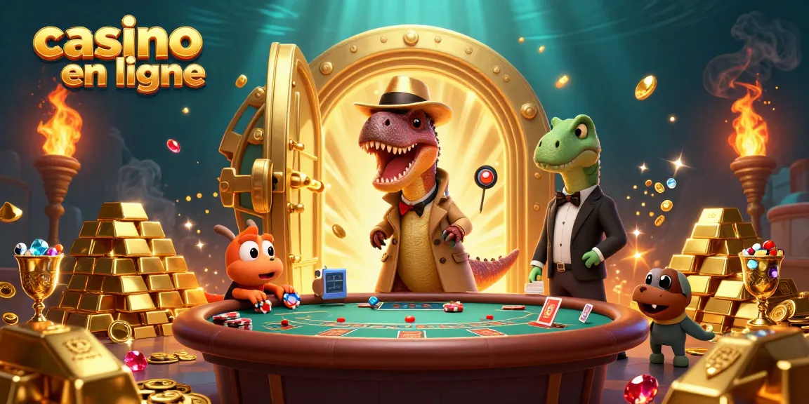 Un velociraptor au blackjack dans un casino en ligne entouré de trésors brillants