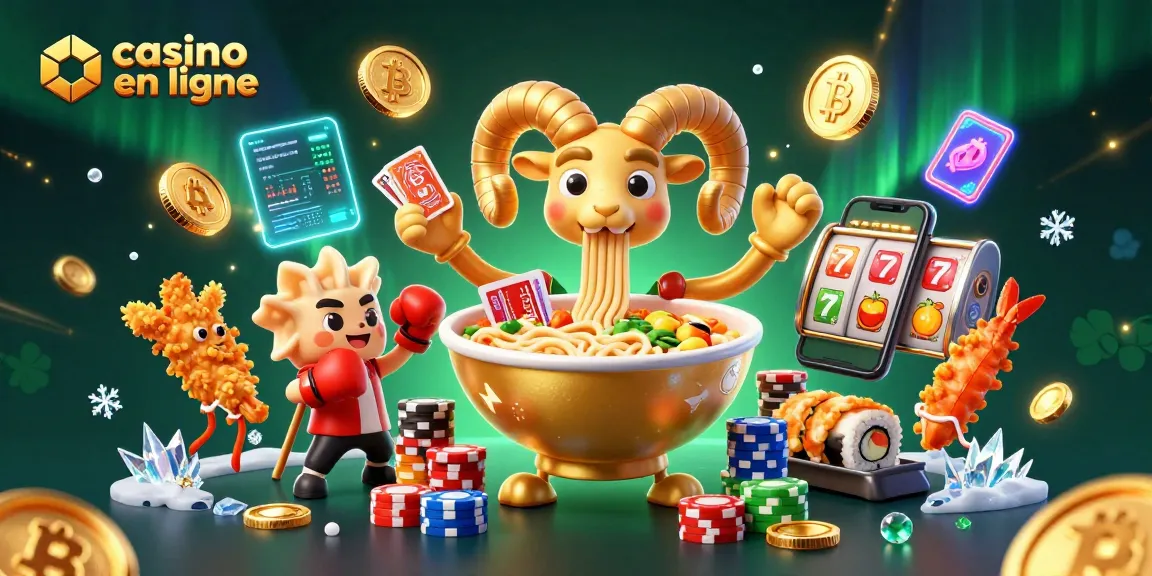 Une illustration dynamique de casino en ligne avec des personnages de ramen géants et des éléments de gain, offrant une expérience colorée.