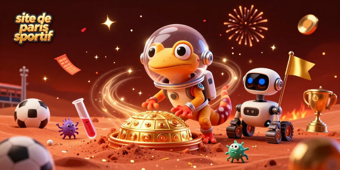 Vivez le frisson du site de paris sportif avec un geco Martien découvrant un casino doré sur Mars.