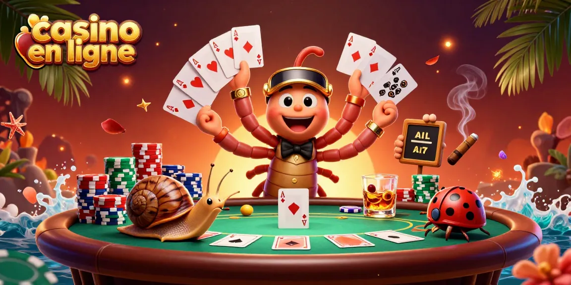 Plongez dans l'univers du casino en ligne avec un croupier mille-pattes et un joueur escargot.
