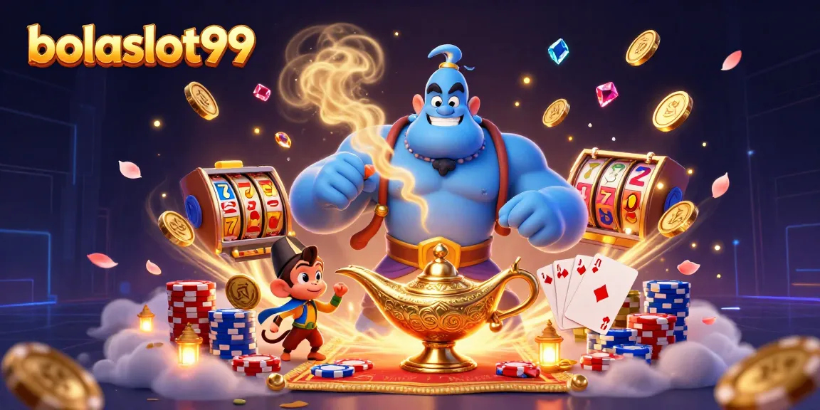 Win big with bolaslot99 in this vibrant, detailed casino illustration featuring a magical scene.