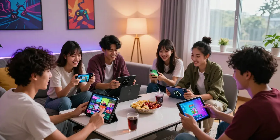 Friends enjoying gaming night with indocair platform on devices in a cozy living room.