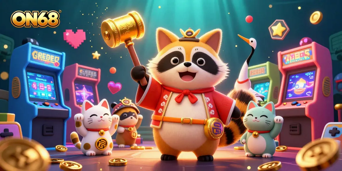 Experience thrilling gameplay with ON68's vibrant casino elements featuring a cheerful tanuki and lucky symbols.