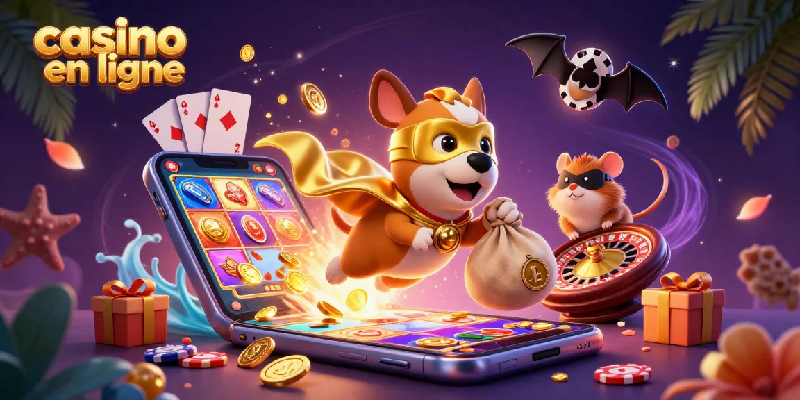 Profitez de l'animation dynamique d'un chien super-héros pour le casino en ligne avec des pièces d'or.