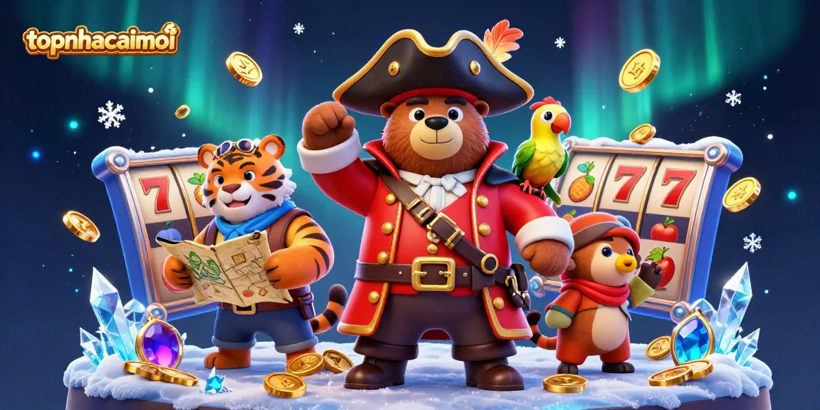 Join the fun with topnhacaimoi as the pirate bear and friends celebrate big slot wins amidst dazzling casino elements.