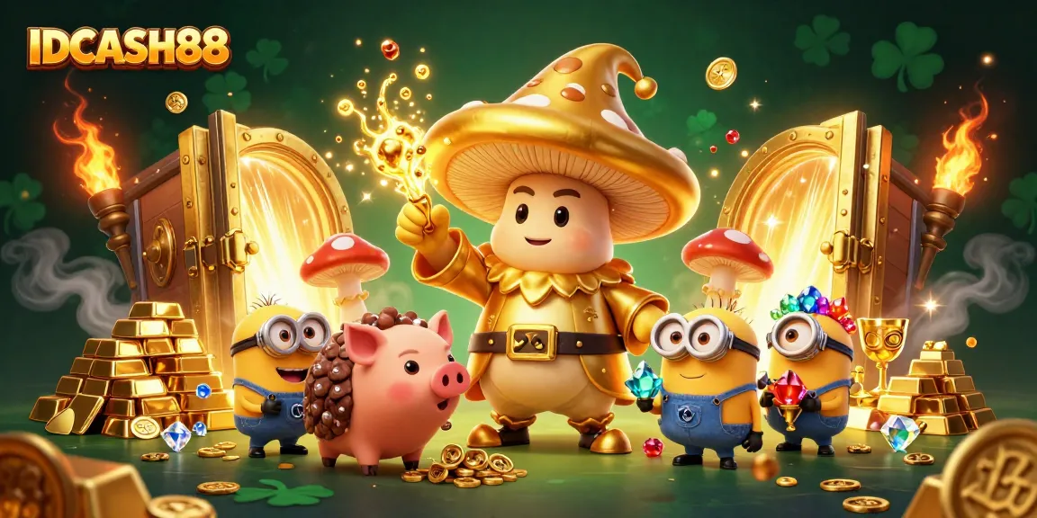 Experience the enchanting atmosphere of IDCASH88 with a magical golden wizard scene showcasing slot games and treasures.