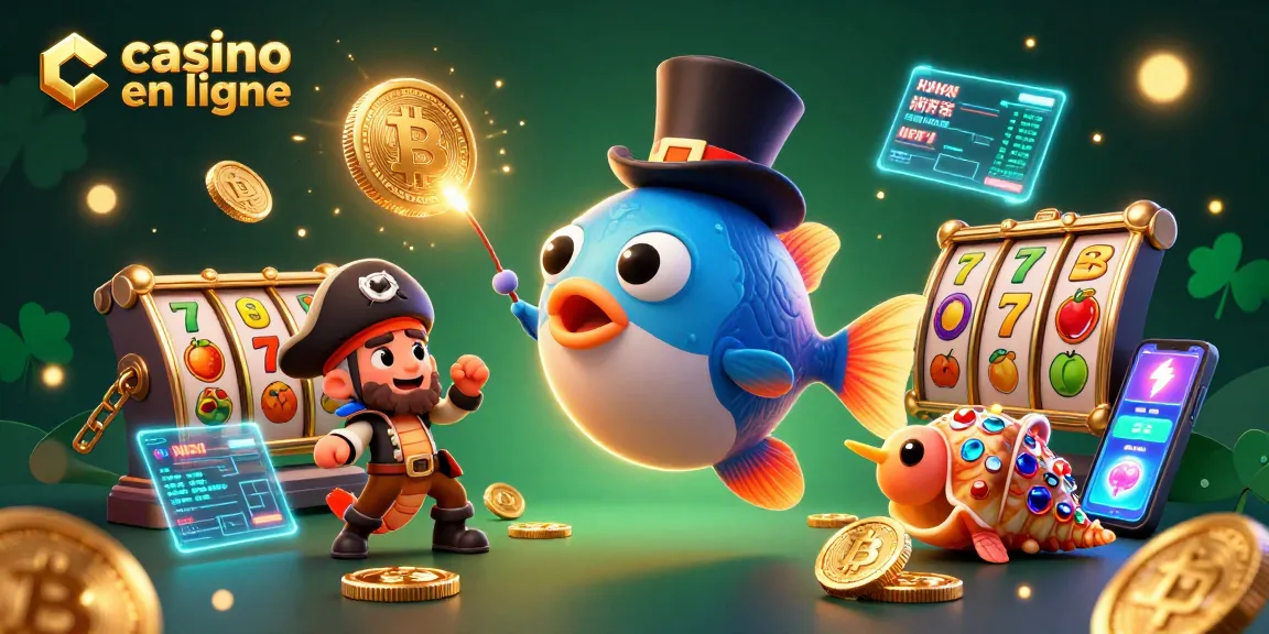 Illustration dynamique représentant un casino en ligne avec un poisson-lanterne attirant des pièces dorées.