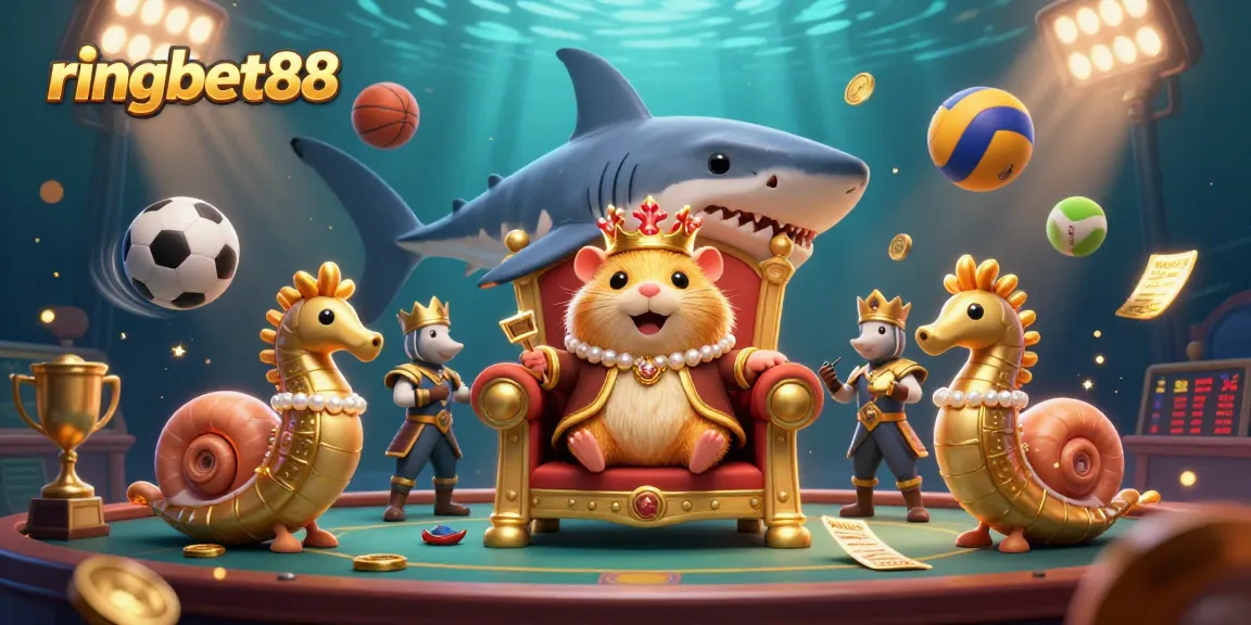 Experience the thrill of ringbet88 with a golden hamster king thriving in a vibrant gambling scene filled with sports elements.