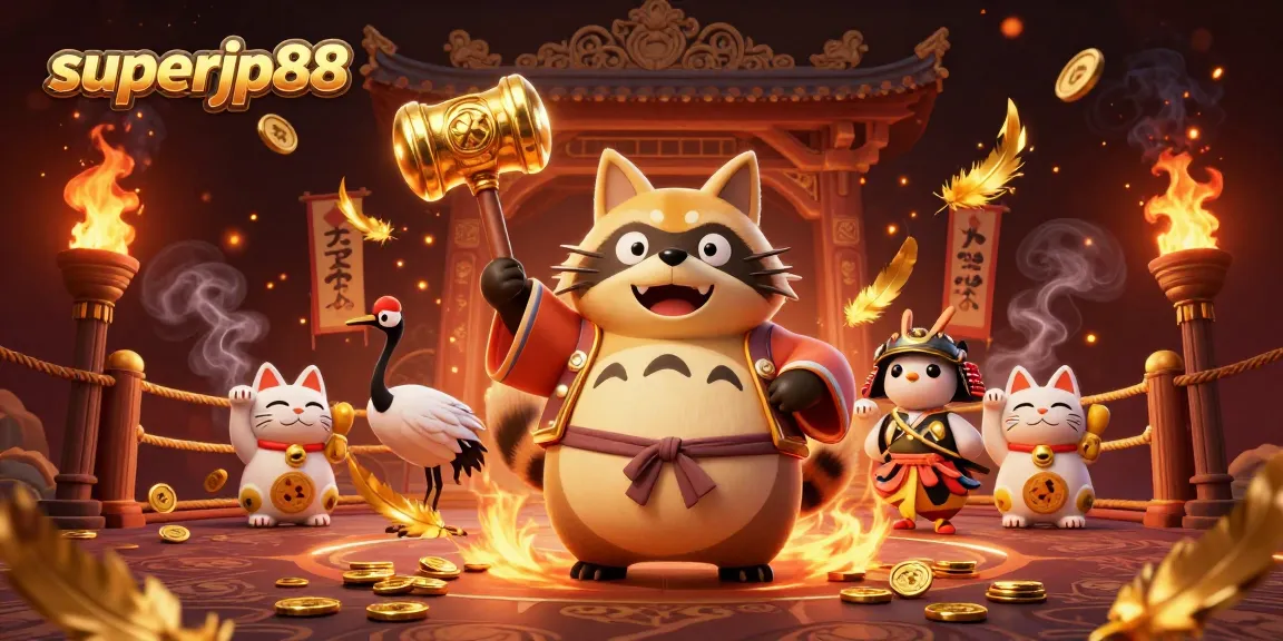 Engage with superjp88 and enjoy a lively casino scene featuring a cheerful tanuki and vibrant maneki-neko cats.