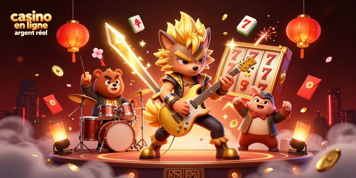 Profitez d'une expérience de jeu excitante avec le casino en ligne argent réel, illustré par des personnages animés sur fond dynamique.