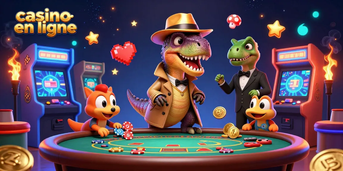 Illustration d'un velociraptor au blackjack dans un casino en ligne, avec un stegosaurus surveillant.