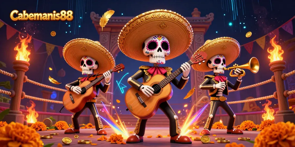 Engage with thrilling games at Cabemanis88 with vibrant 3D mariachi characters amidst colorful casino elements.