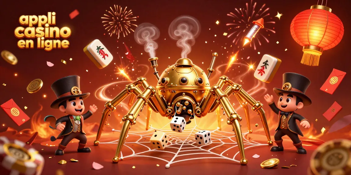 Découvrez une illustration animée d'appli casino en ligne avec une araignée steampunk et des éléments de jeu.