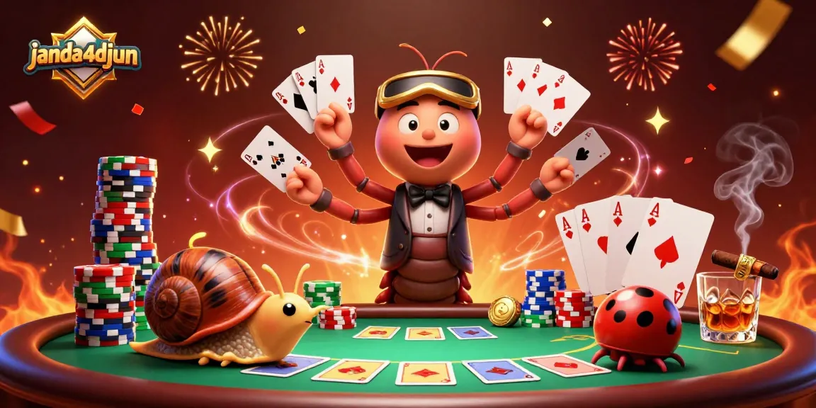 Janda4djun menghadirkan dealer kartun dengan kartu spektakuler dan tumpukan chip besar dalam permainan kasino yang seru.