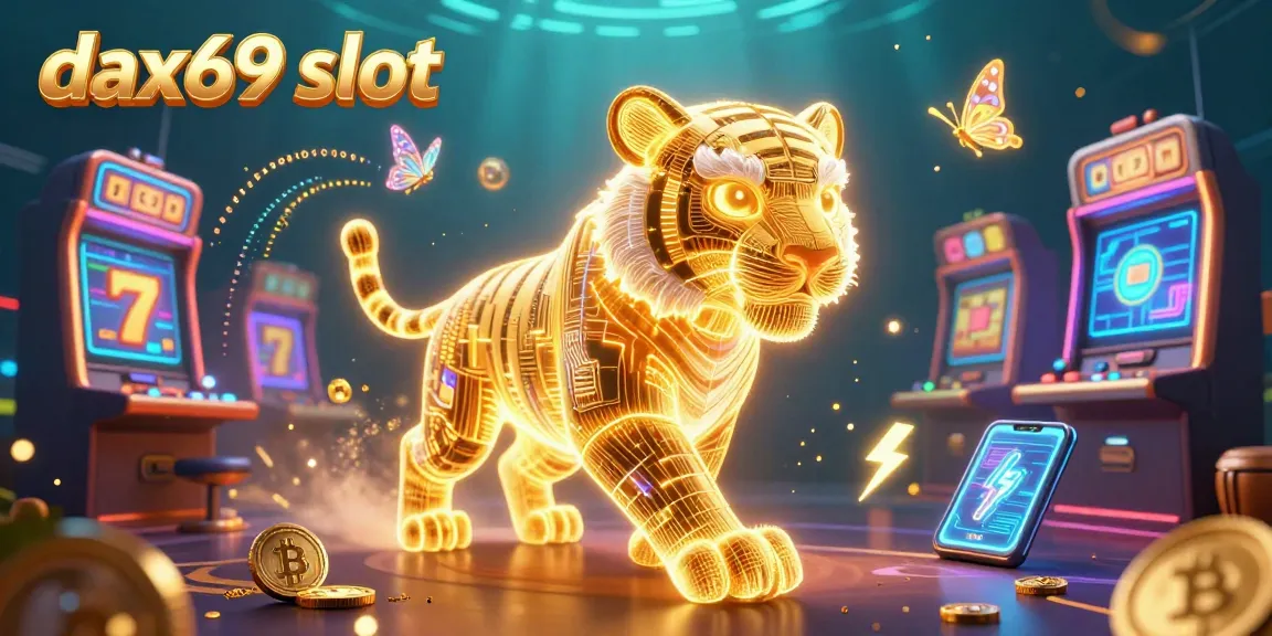 Slot dax69 slot dengan karakter harimau emas neon dan elemen kripto yang bertenaga.