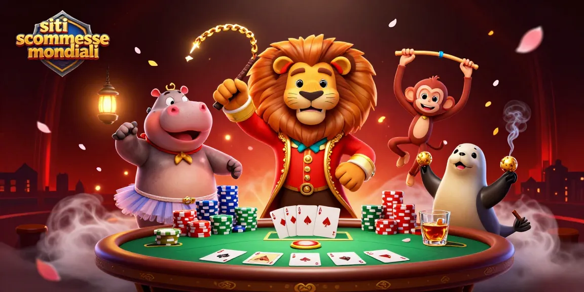 Vincere scommettendo nei siti scommesse mondiali con l'animazione di un leone, ippopotamo e scimmia con focus sui poker e divertimento.