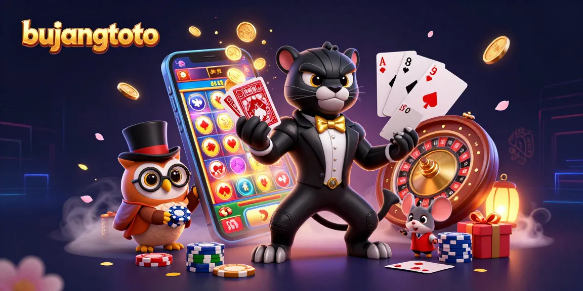 Bujangtoto bermain dengan kegembiraan sambil menunjukkan slot dan kartu, menampilkan suasana perjudian yang mengasyikkan.