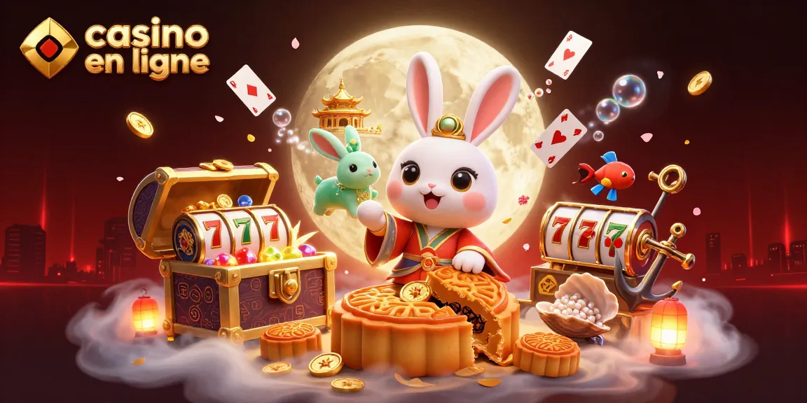 Une illustration 3D représentant un casino en ligne avec un lapin sur la lune révélant des jetons de poker.