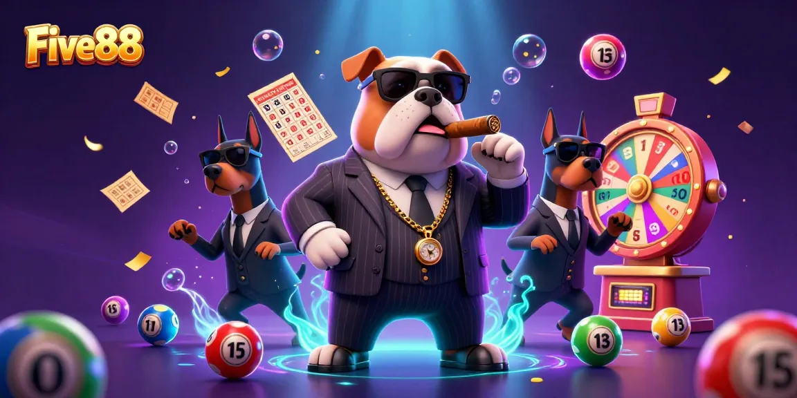 Experience excitement at Five88 with a mafia boss bulldog and vibrant lottery elements in a dynamic casino scene.