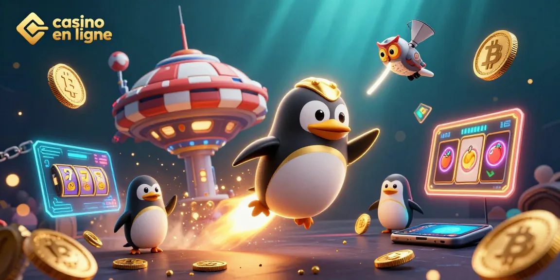 Le casino en ligne présente un pingouin doré propulsé par une fusée gagnant des pièces d'or.