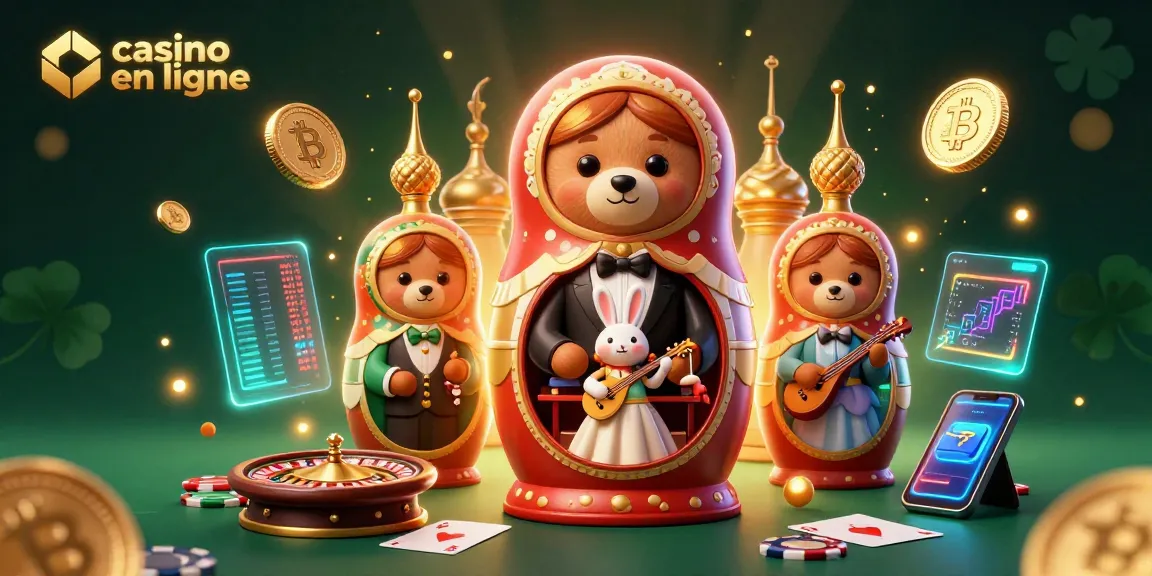 Jouer dans un casino en ligne avec un ours Matryoshka en 3D entouré de dealers et crypto-monnaies.