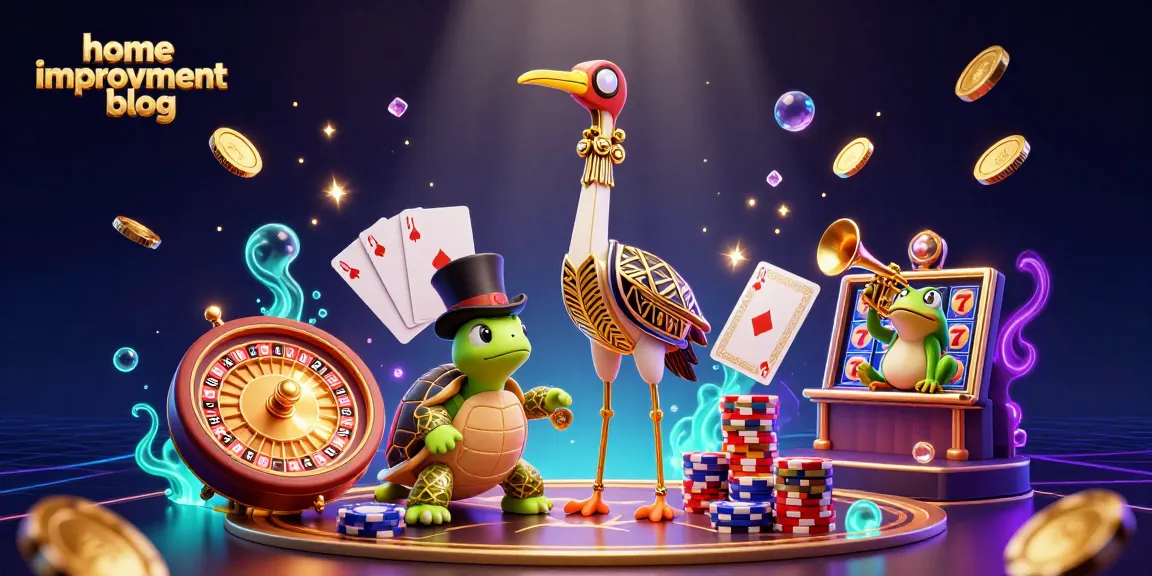 Engaging home improvement blog scene featuring casino elements like coins, slot reels, and characters.