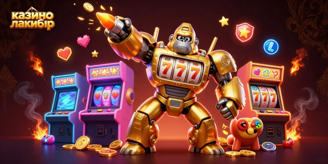 Experience excitement at казино лакибир with a golden gorilla mech amid lively gaming elements.