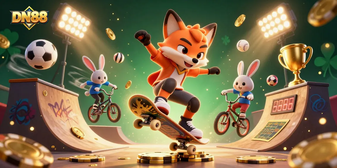 Experience thrilling bets at DN88 while a skateboard fox performs tricks amidst golden poker chips.