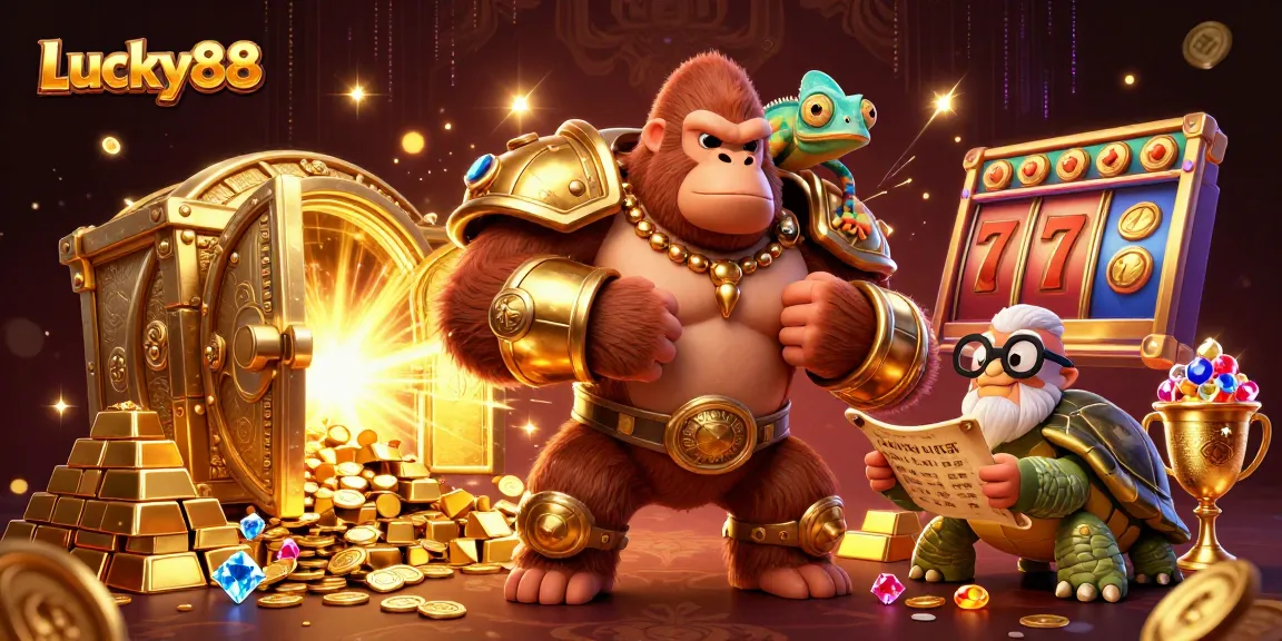 Join the action with Lucky88 as a gorilla king and friends celebrate jackpot wins!
