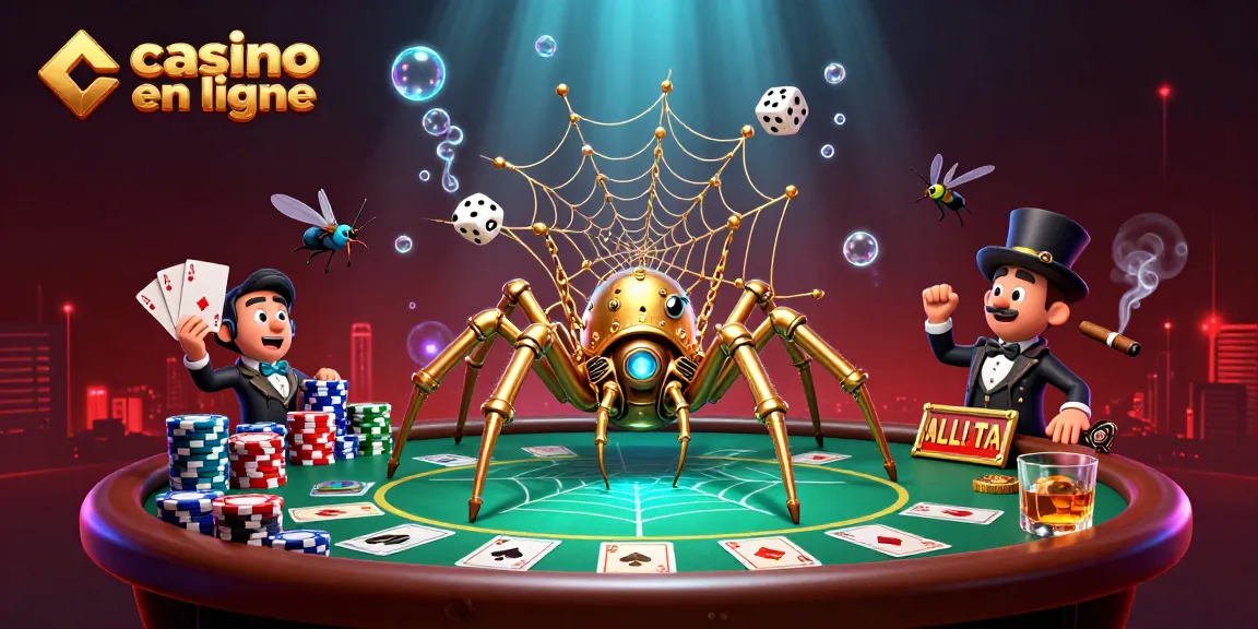 Capturer le moment au casino en ligne avec une araignée dorée et un gentleman amusé.