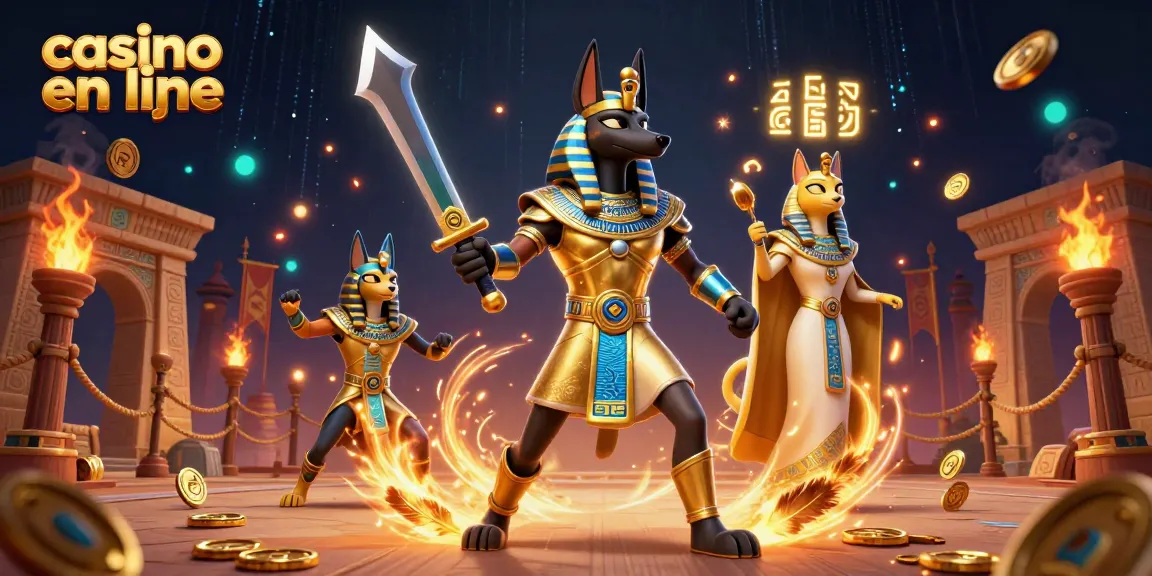 Illustration dynamique de casino en ligne avec Anubis et Bastet, décor évoquant des jeux et aventures.