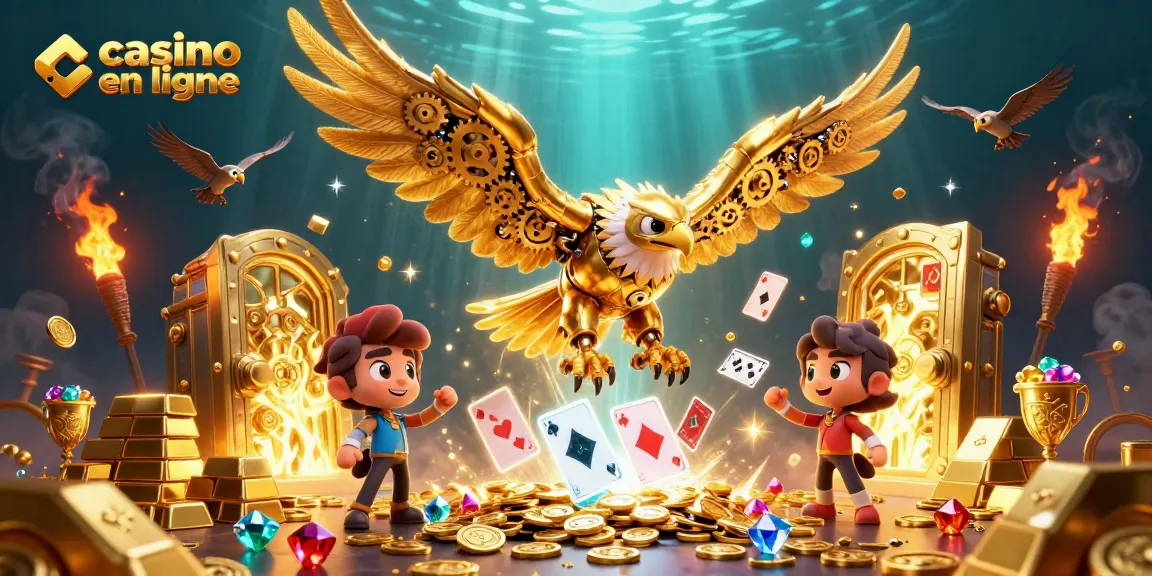 Vivez l'excitation du casino en ligne avec des jeux holographiques et un aigle cybernétique doré.