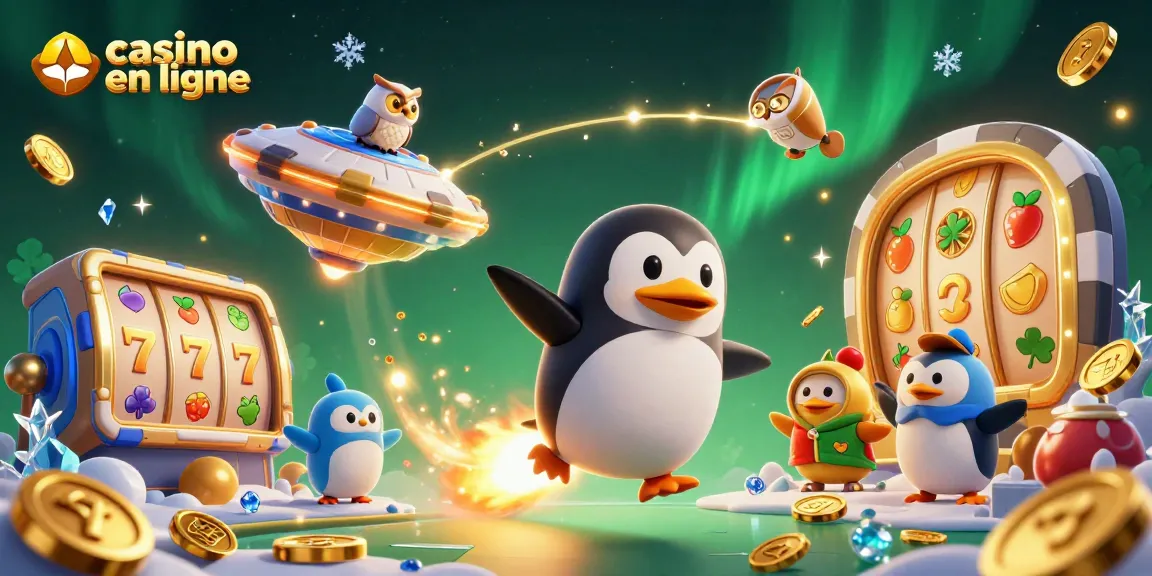 Casino en ligne avec un pingouin doré et des symboles de jackpots volant à travers l'espace.