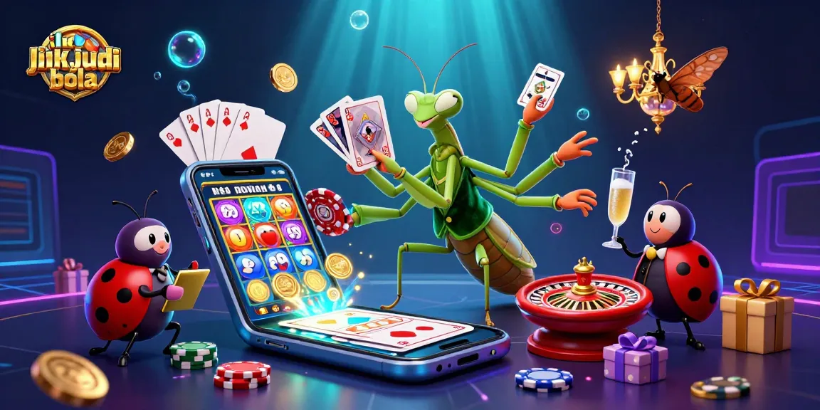 Experience link judi bola excitement with a vibrant casino scene featuring a giant praying mantis and ladybug pit boss.
