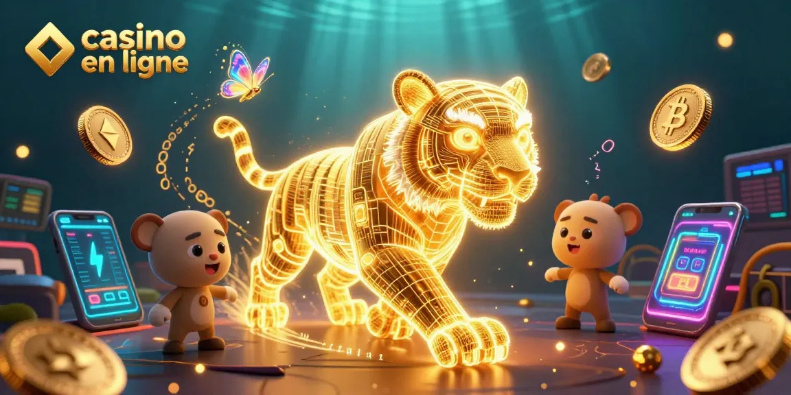 Découvrez un casino en ligne vibrant avec un tigre doré et des pièces de crypto-monnaies.