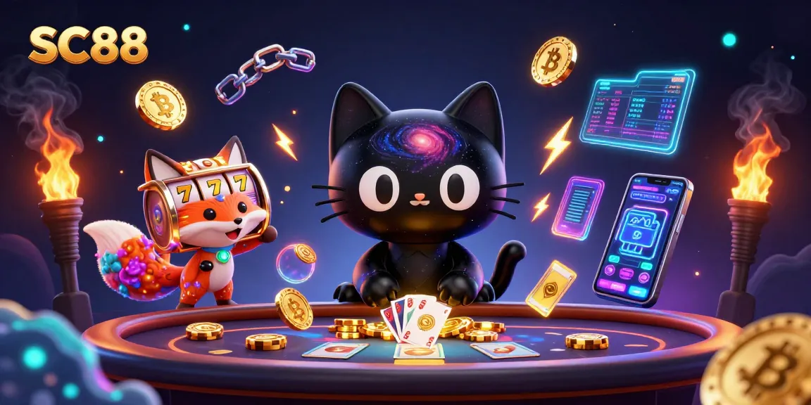 Experience the thrilling excitement of SC88 with casino games and crypto elements in a vibrant illustration.